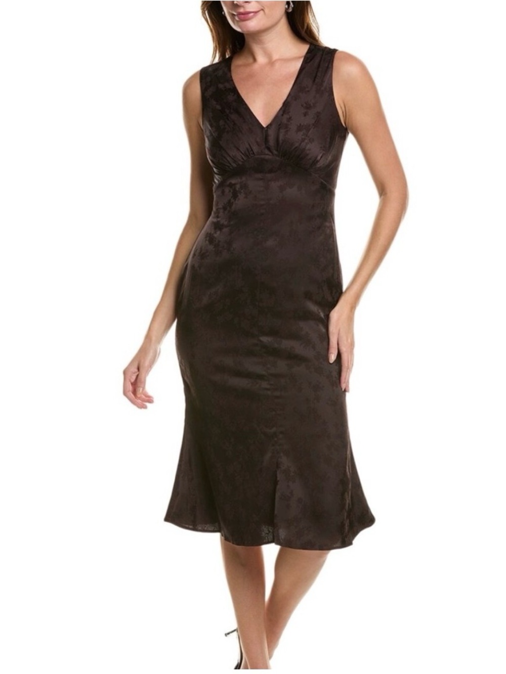 BCBG Sleeveless Black Floral V-Neck Satin Midi Dress Size 6—